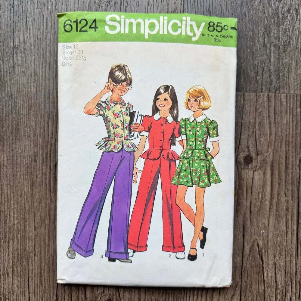 Vintage 1970s Simplicity 6124 Sewing Pattern XS Peplum Top Skirt Pant COMPLETE